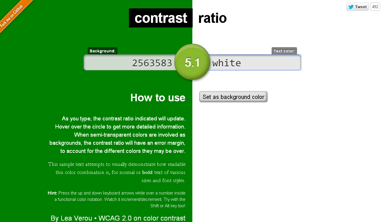 Constrast Ratio, a ferramenta definitiva para saber se o contraste do BG e das cores está legal. 